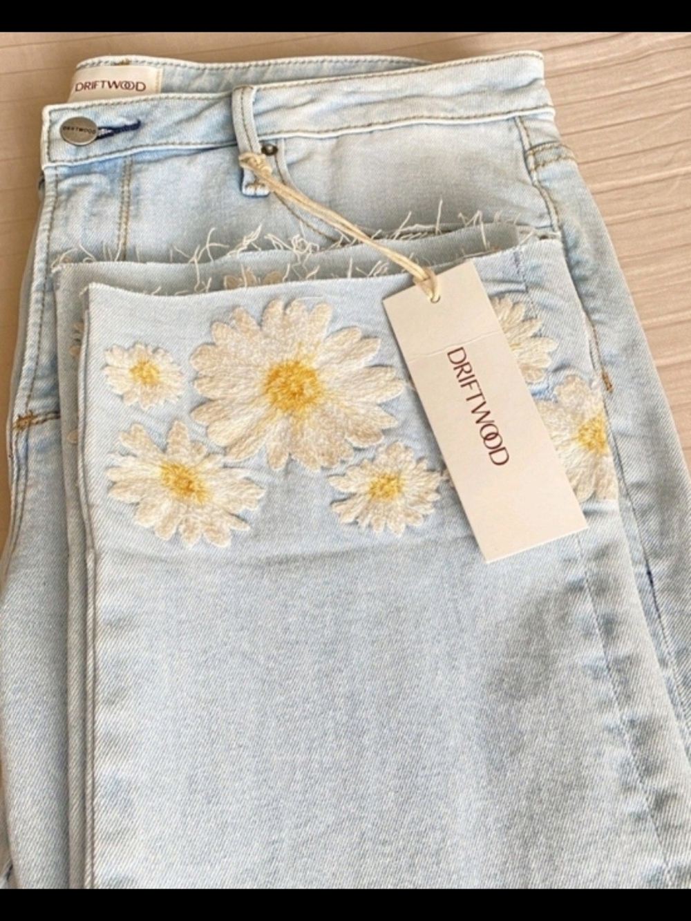 DRIFTWOOD Light Blue High-Rise Jeans with White & Yellow Daisy Embroidery